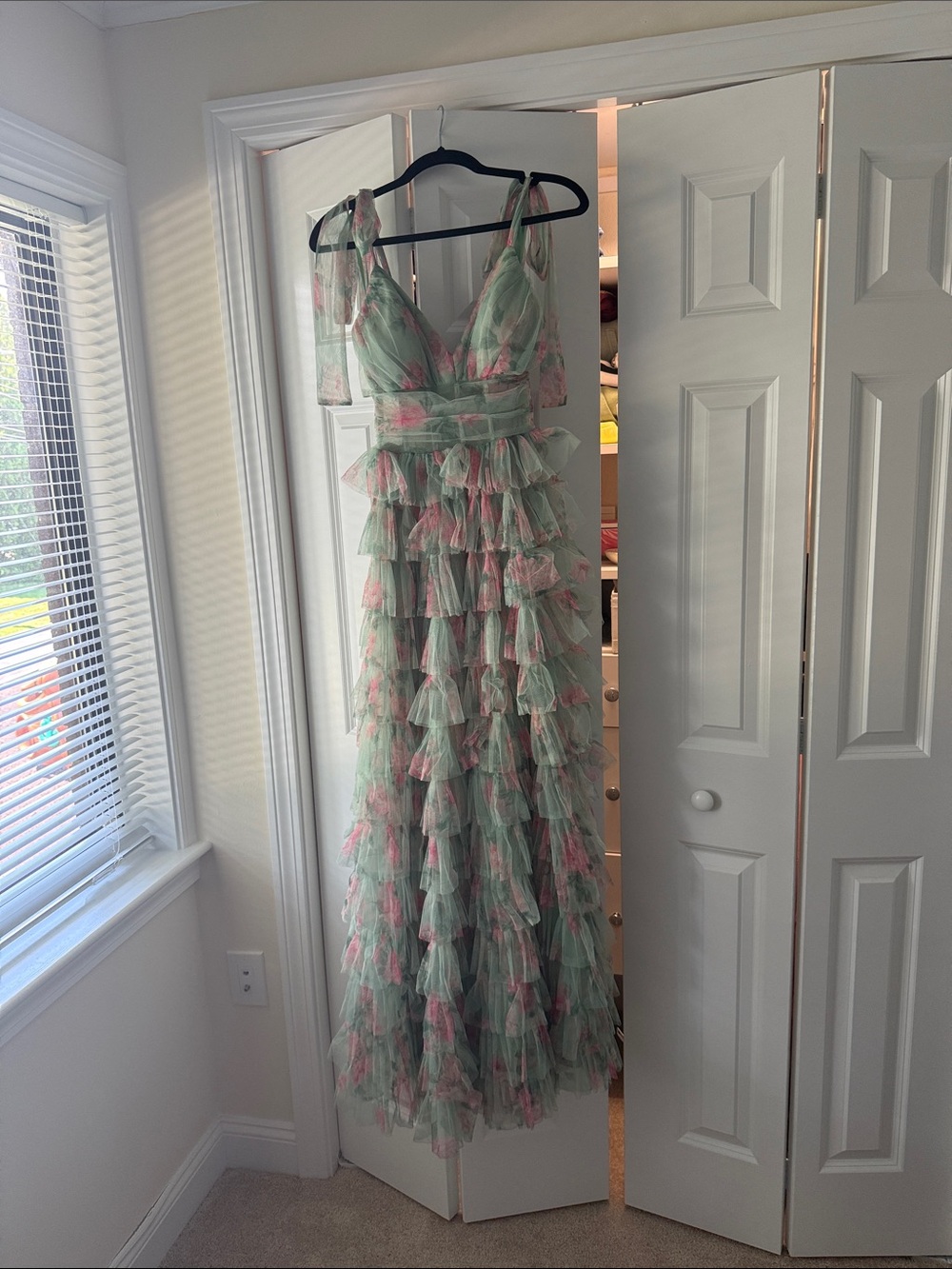 B Darlin Mint Green and Soft Pink Ruffled Tulle Maxi Dress